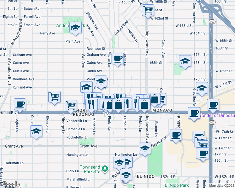 map of restaurants, bars, coffee shops, grocery stores, and more near 2503 Nelson Avenue in Redondo Beach