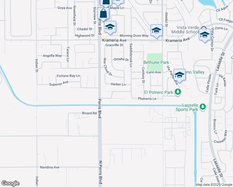 map of restaurants, bars, coffee shops, grocery stores, and more near 25119 Pebble Creek Way in Moreno Valley