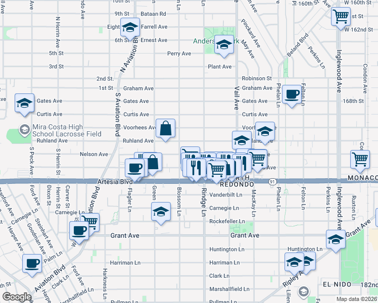 map of restaurants, bars, coffee shops, grocery stores, and more near 2109 Nelson Avenue in Redondo Beach