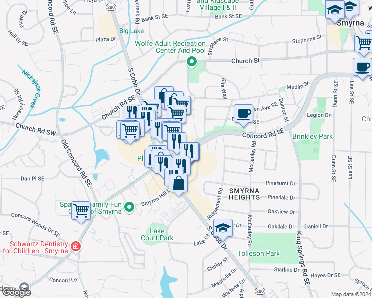 map of restaurants, bars, coffee shops, grocery stores, and more near Concord Road Southeast in Smyrna