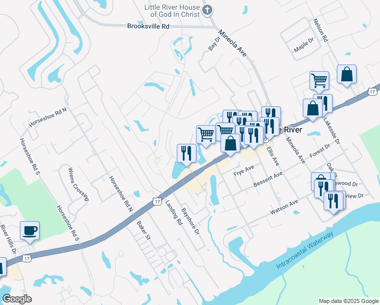 map of restaurants, bars, coffee shops, grocery stores, and more near 4103 Pinehurst Circle in Little River