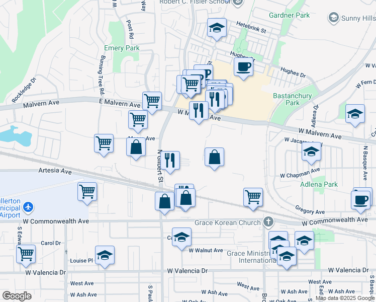map of restaurants, bars, coffee shops, grocery stores, and more near 233 North Euclid Street in Fullerton