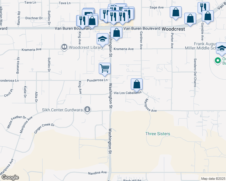 map of restaurants, bars, coffee shops, grocery stores, and more near 17011 Vía Los Caballeros in Riverside