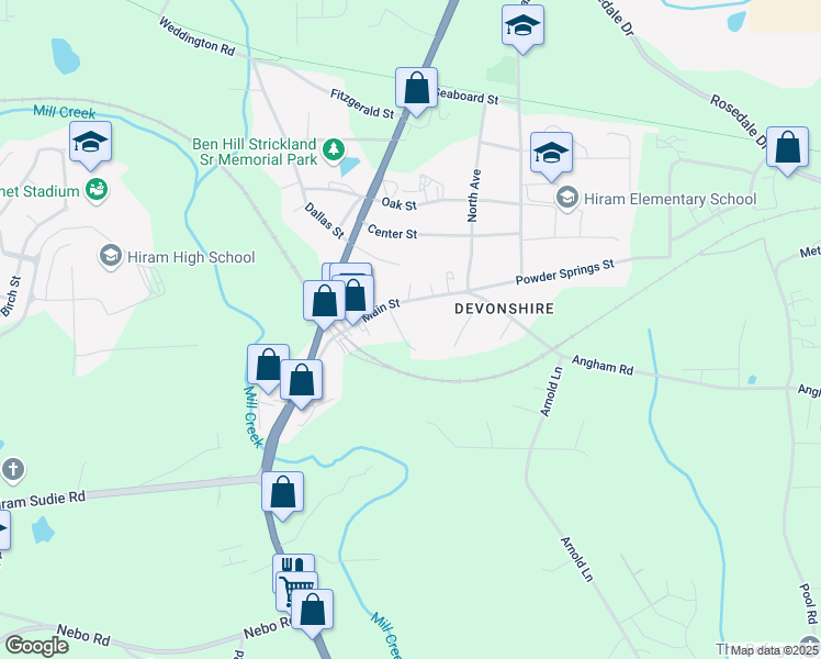 map of restaurants, bars, coffee shops, grocery stores, and more near 238 Main Street in Hiram