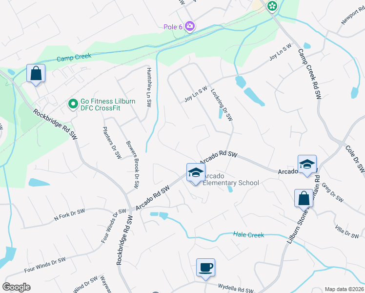 map of restaurants, bars, coffee shops, grocery stores, and more near 5120 Hunters Hill Cove Southwest in Lilburn