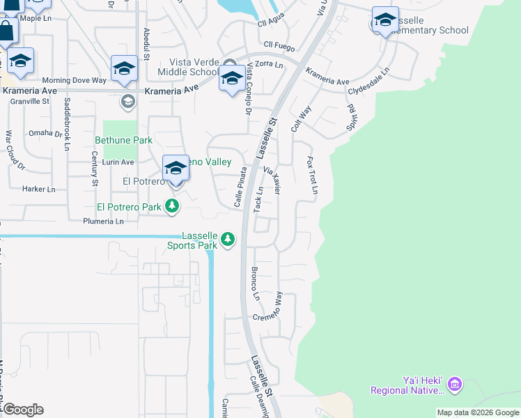 map of restaurants, bars, coffee shops, grocery stores, and more near 16988 Tack Lane in Moreno Valley
