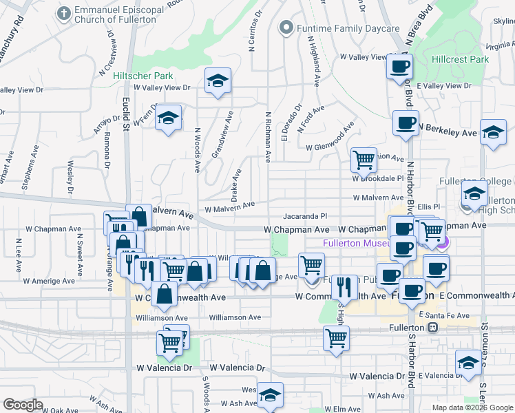map of restaurants, bars, coffee shops, grocery stores, and more near 512 West Malvern Avenue in Fullerton