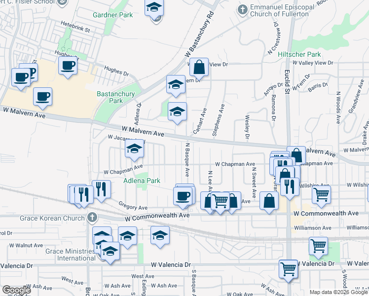 map of restaurants, bars, coffee shops, grocery stores, and more near 413 North Basque Avenue in Fullerton