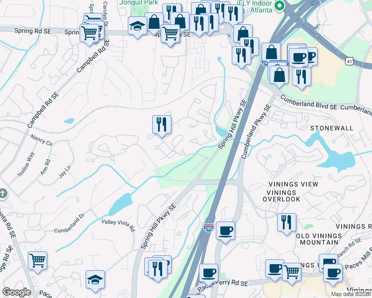 map of restaurants, bars, coffee shops, grocery stores, and more near 110 Cumberland Court Southeast in Smyrna