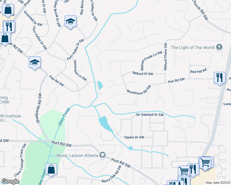 map of restaurants, bars, coffee shops, grocery stores, and more near 1626 Sparrow Wood Lane Southwest in Marietta