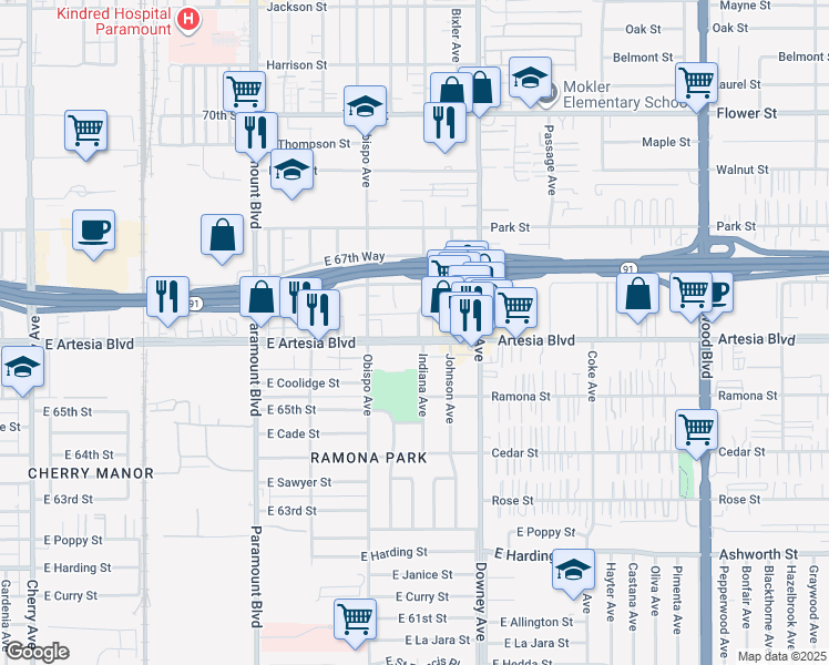 map of restaurants, bars, coffee shops, grocery stores, and more near 3300 East Artesia Boulevard in Long Beach