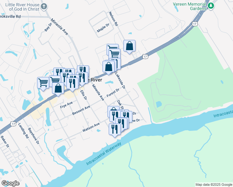 map of restaurants, bars, coffee shops, grocery stores, and more near 4361 Oak Street in Little River