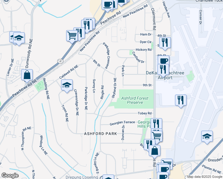 map of restaurants, bars, coffee shops, grocery stores, and more near 3006 Skyland Drive Northeast in Atlanta