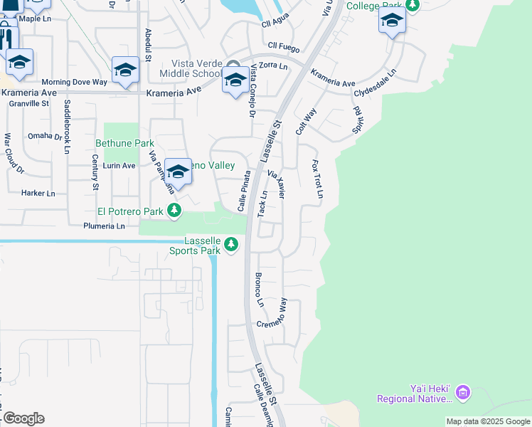map of restaurants, bars, coffee shops, grocery stores, and more near 16988 Tack Lane in Moreno Valley