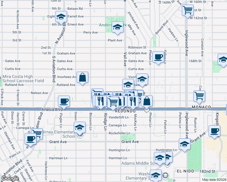 map of restaurants, bars, coffee shops, grocery stores, and more near 2213 Nelson Avenue in Redondo Beach