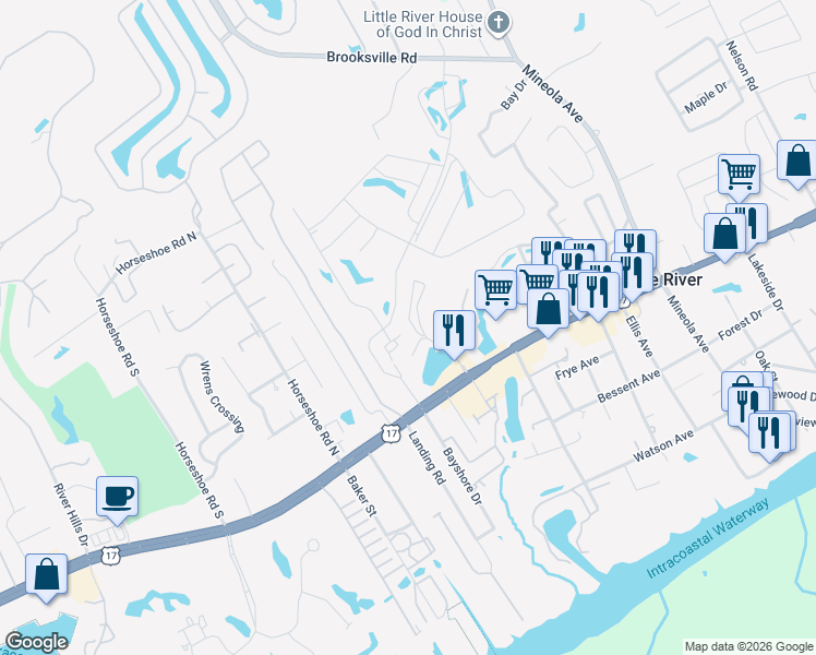 map of restaurants, bars, coffee shops, grocery stores, and more near 4278 Pinehurst Circle in Little River