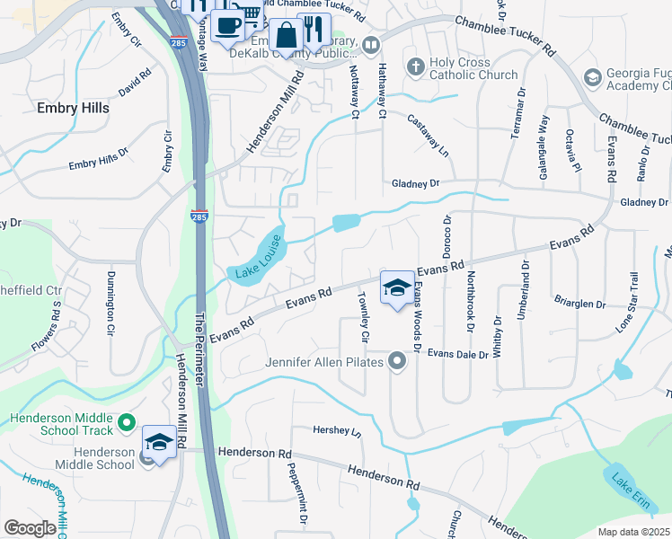 map of restaurants, bars, coffee shops, grocery stores, and more near 2982 Huntshire Place in Atlanta