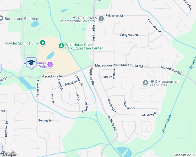map of restaurants, bars, coffee shops, grocery stores, and more near 3497 Mustang Drive in Powder Springs