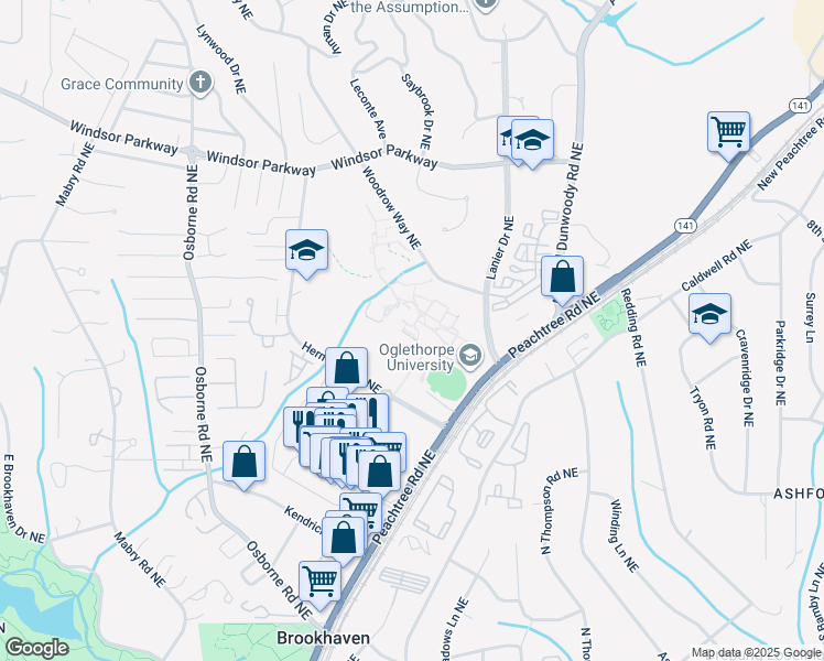 map of restaurants, bars, coffee shops, grocery stores, and more near 4484 Peachtree Road Northeast in Brookhaven