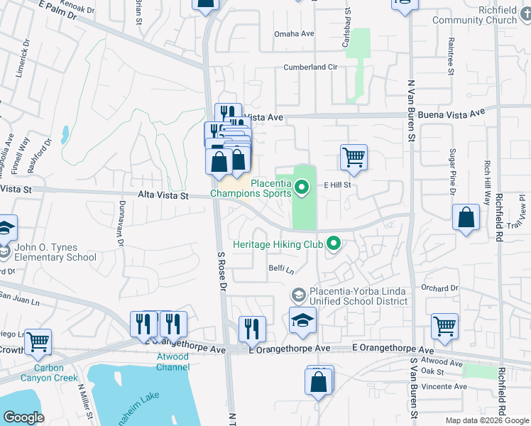 map of restaurants, bars, coffee shops, grocery stores, and more near 585 Patten Avenue in Placentia