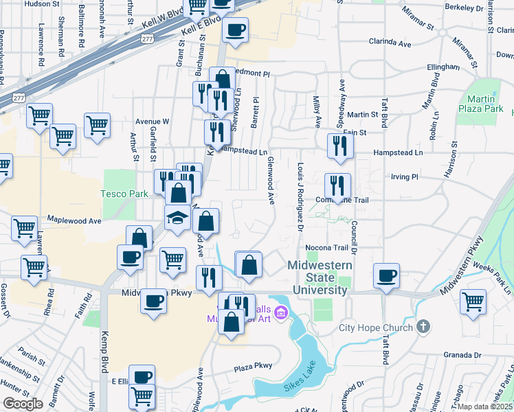 map of restaurants, bars, coffee shops, grocery stores, and more near 2 Hickory Downs Street in Wichita Falls