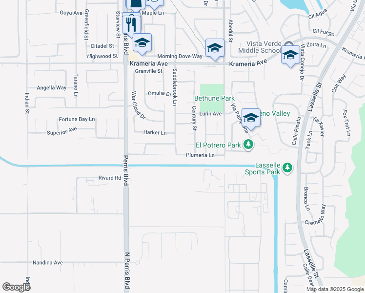 map of restaurants, bars, coffee shops, grocery stores, and more near 25299 Mackenzie Court in Moreno Valley