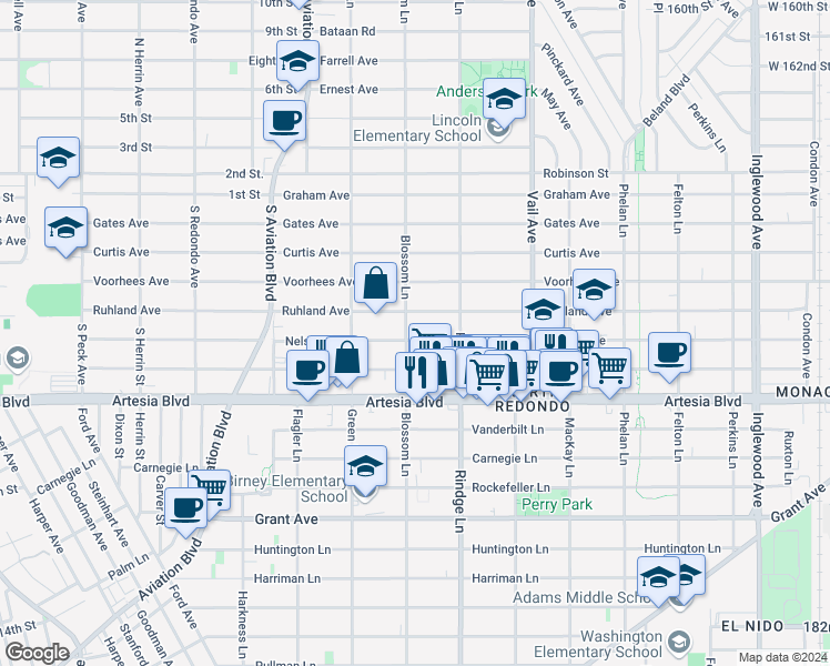 map of restaurants, bars, coffee shops, grocery stores, and more near 2103 Nelson Avenue in Redondo Beach