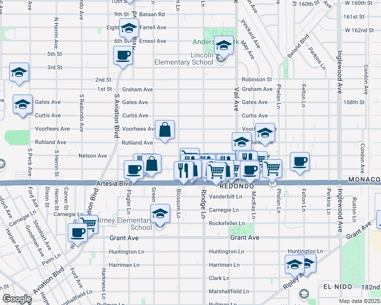 map of restaurants, bars, coffee shops, grocery stores, and more near 2111 Nelson Avenue in Redondo Beach