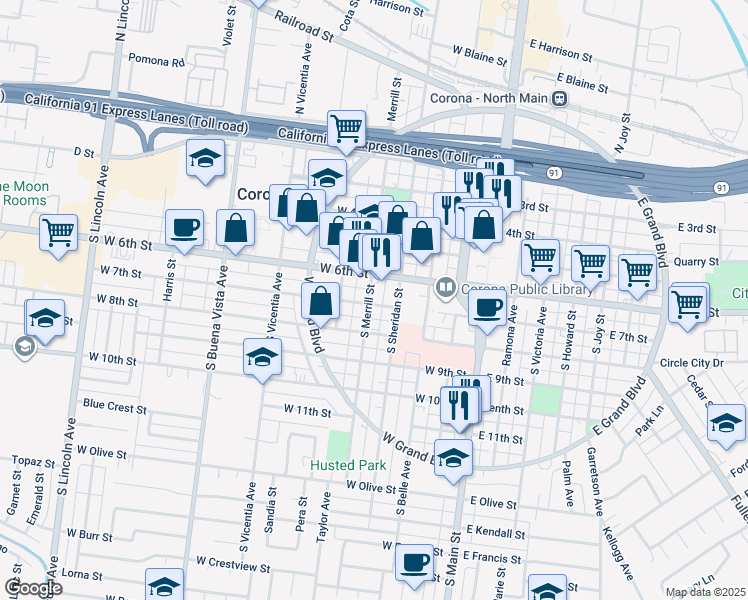 map of restaurants, bars, coffee shops, grocery stores, and more near 623 South Merrill Street in Corona