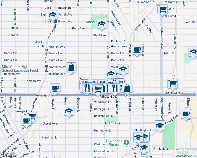 map of restaurants, bars, coffee shops, grocery stores, and more near 2213 Nelson Avenue in Redondo Beach