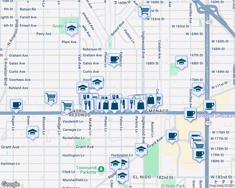 map of restaurants, bars, coffee shops, grocery stores, and more near 2519 Nelson Avenue in Redondo Beach
