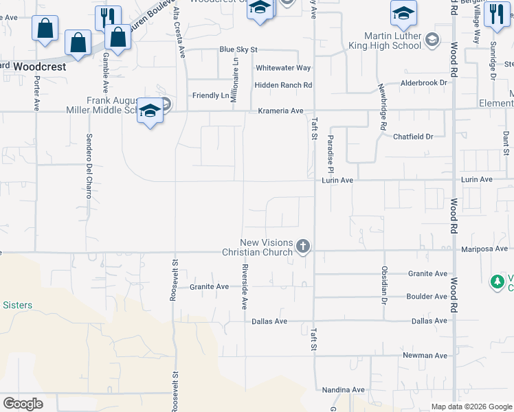 map of restaurants, bars, coffee shops, grocery stores, and more near 18574 Lurin Avenue in Riverside