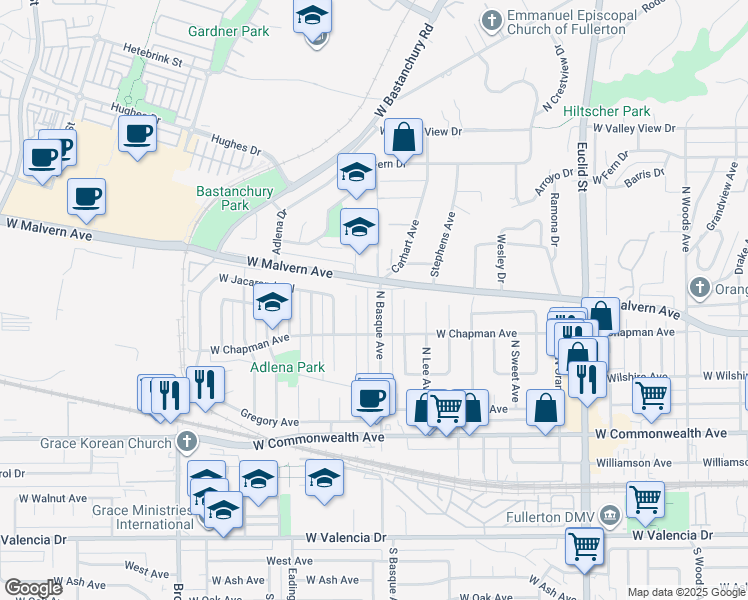 map of restaurants, bars, coffee shops, grocery stores, and more near 413 North Basque Avenue in Fullerton