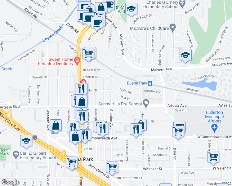 map of restaurants, bars, coffee shops, grocery stores, and more near 8042 Holt Street in Buena Park