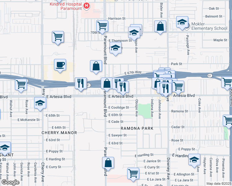 map of restaurants, bars, coffee shops, grocery stores, and more near 2932 East Artesia Boulevard in Long Beach