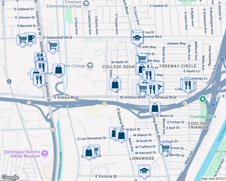 map of restaurants, bars, coffee shops, grocery stores, and more near 1241 East Artesia Boulevard in Compton