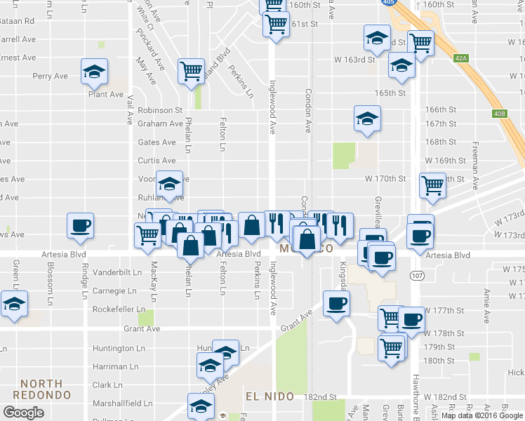 map of restaurants, bars, coffee shops, grocery stores, and more near 2106 Perkins Lane in Redondo Beach