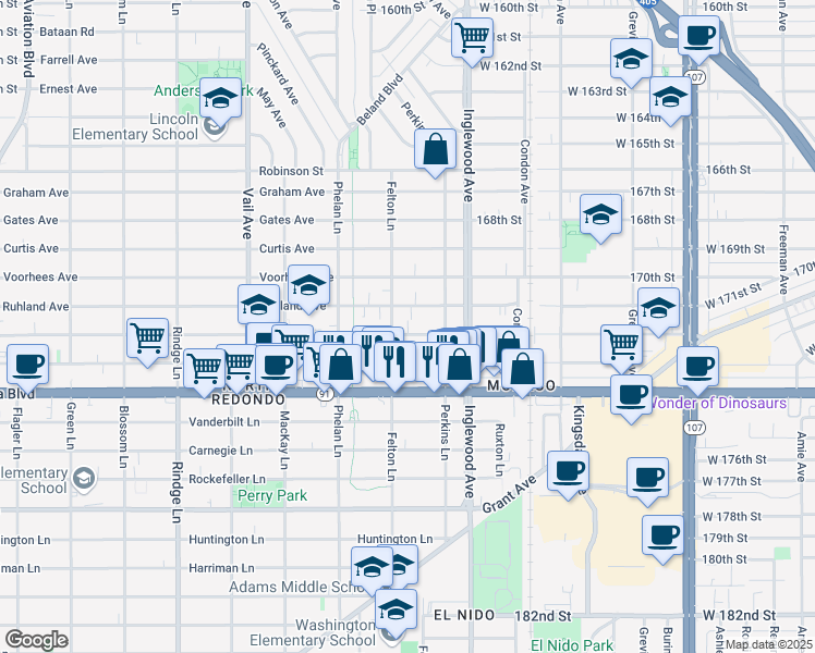 map of restaurants, bars, coffee shops, grocery stores, and more near 2608 Nelson Avenue in Redondo Beach