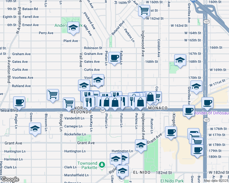 map of restaurants, bars, coffee shops, grocery stores, and more near 2516 Nelson Avenue in Redondo Beach