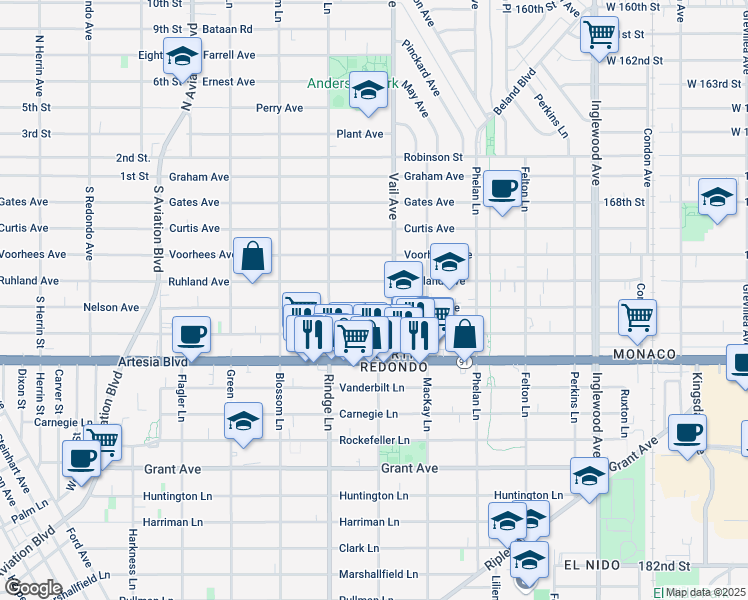 map of restaurants, bars, coffee shops, grocery stores, and more near 2220 Nelson Avenue in Redondo Beach