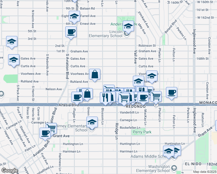 map of restaurants, bars, coffee shops, grocery stores, and more near 2108 Nelson Avenue in Redondo Beach