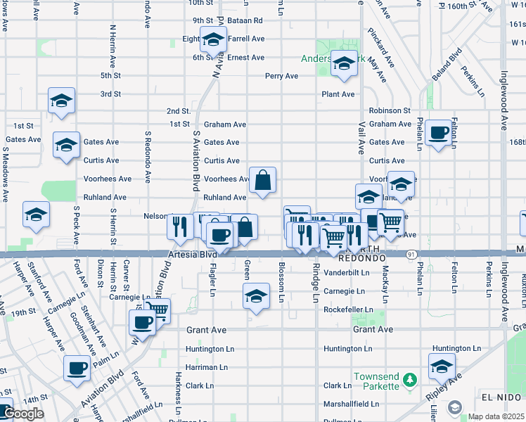 map of restaurants, bars, coffee shops, grocery stores, and more near 2016 Nelson Avenue in Redondo Beach
