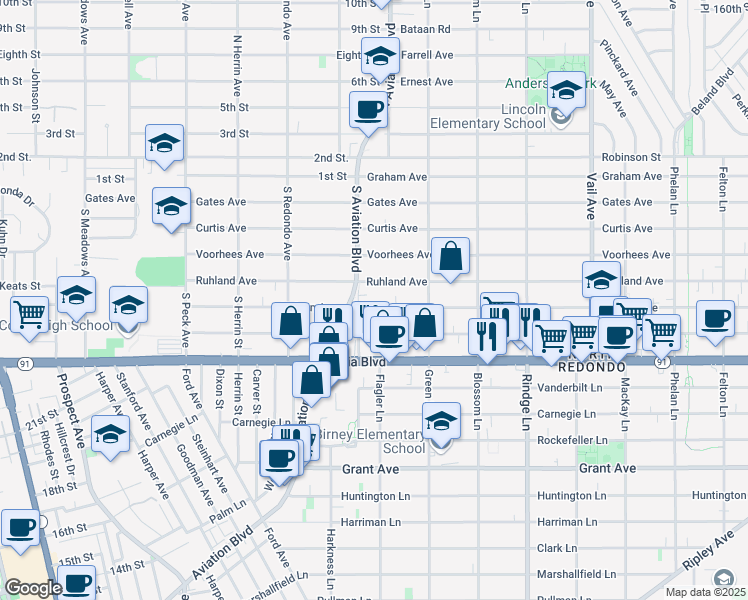 map of restaurants, bars, coffee shops, grocery stores, and more near 2108a Aviation Way in Redondo Beach