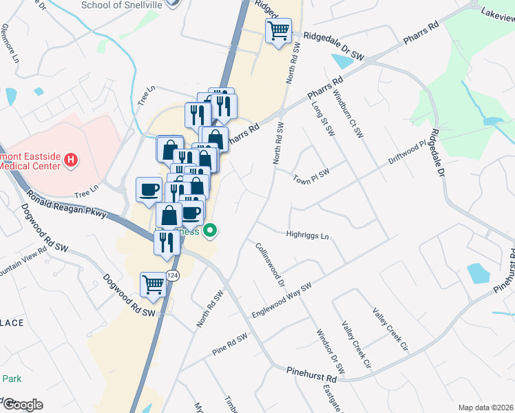 map of restaurants, bars, coffee shops, grocery stores, and more near 1934 North Road Southwest in Snellville