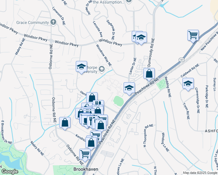 map of restaurants, bars, coffee shops, grocery stores, and more near 4484 Peachtree Rd NE in Atlanta