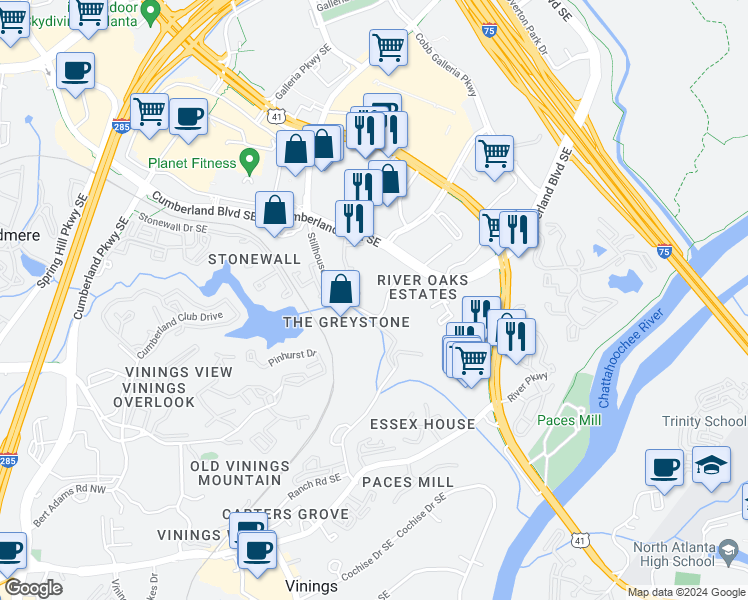 map of restaurants, bars, coffee shops, grocery stores, and more near 3200 River Oaks Drive in Atlanta