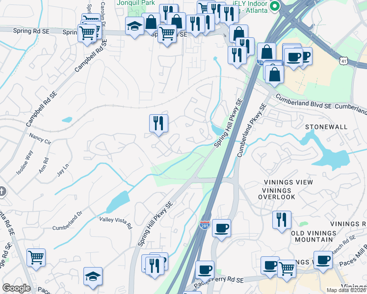 map of restaurants, bars, coffee shops, grocery stores, and more near 110 Cumberland Court Southeast in Smyrna