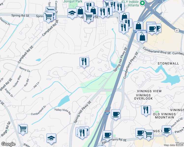 map of restaurants, bars, coffee shops, grocery stores, and more near 2205 Cumberland Court Southeast in Smyrna