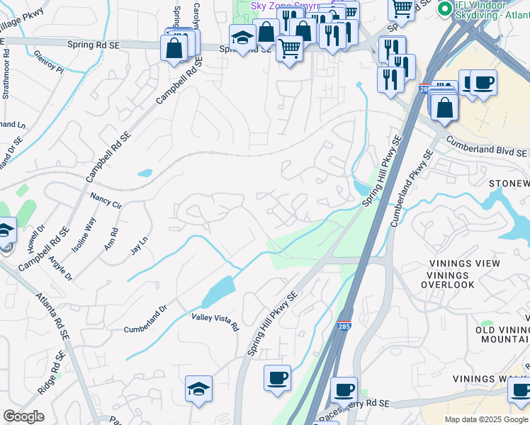 map of restaurants, bars, coffee shops, grocery stores, and more near 1907 Cumberland Court Southeast in Smyrna