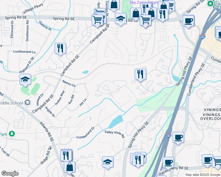 map of restaurants, bars, coffee shops, grocery stores, and more near 1305 Crestlane Drive Southeast in Smyrna